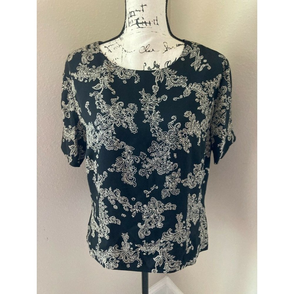 TALBOTS BLACK FLORAL SILK SHIRT - SIZE 14  (pe)